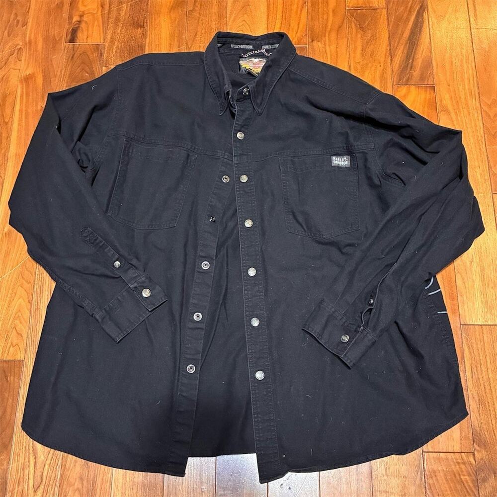 Harley-Davidson Button-Up Shirt Mens 2XL Black Long Sleeve Chest Patch